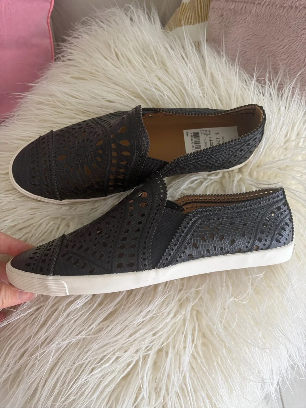 Aerin Black Laser-Cut Slip-On Sneakers with White Sole